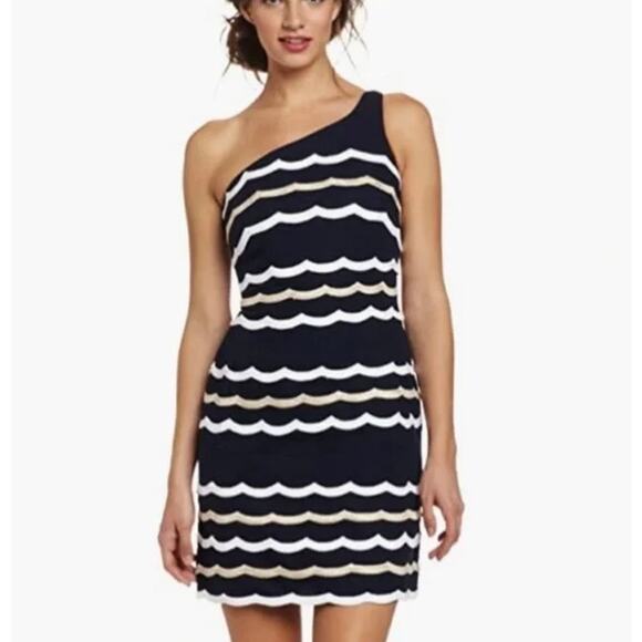 Lilly Pulitzer Tylar One-Shoulder Mini Dress Navy White &‎ Gold Striped Size 6 - Picture 1 of 11